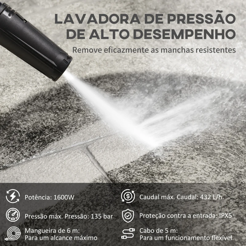 DURHAND Lavadora de Alta Pressão 1600W Caudal 432 L/h Bomba de Alumínio Pressão de 135 Bar Mangueira de 6 m 32x24x65 cm Azul