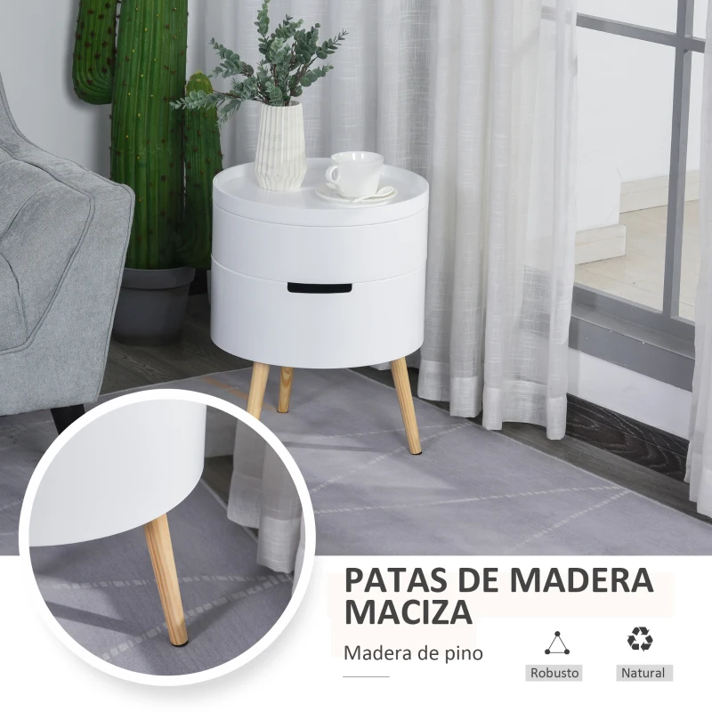 HOMCOM Mesita de noche - mesa de centro con 2 compartimentos de almacenamiento - tapa de MDF - dim. Ø 38 x 48 cm - blanco