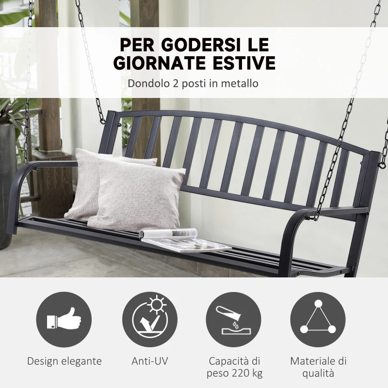 Outsunny Dondolo Sospeso da Giardino con 2 Posti, Romantica Panchina in Metallo Nero per Esterni, 127 x 60 x 47cm