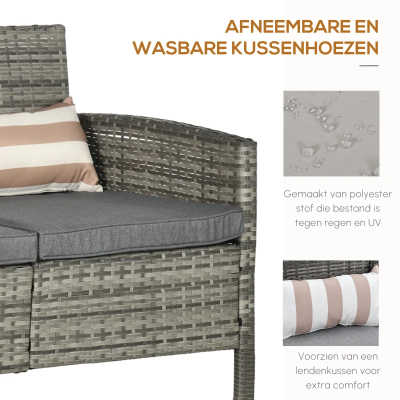 Outsunny rotan bank met kussens, driezits loungebank, staal, grijs, 173 x 68 x 78 cm Outdoor loungebank kussen driezits staalgrijs