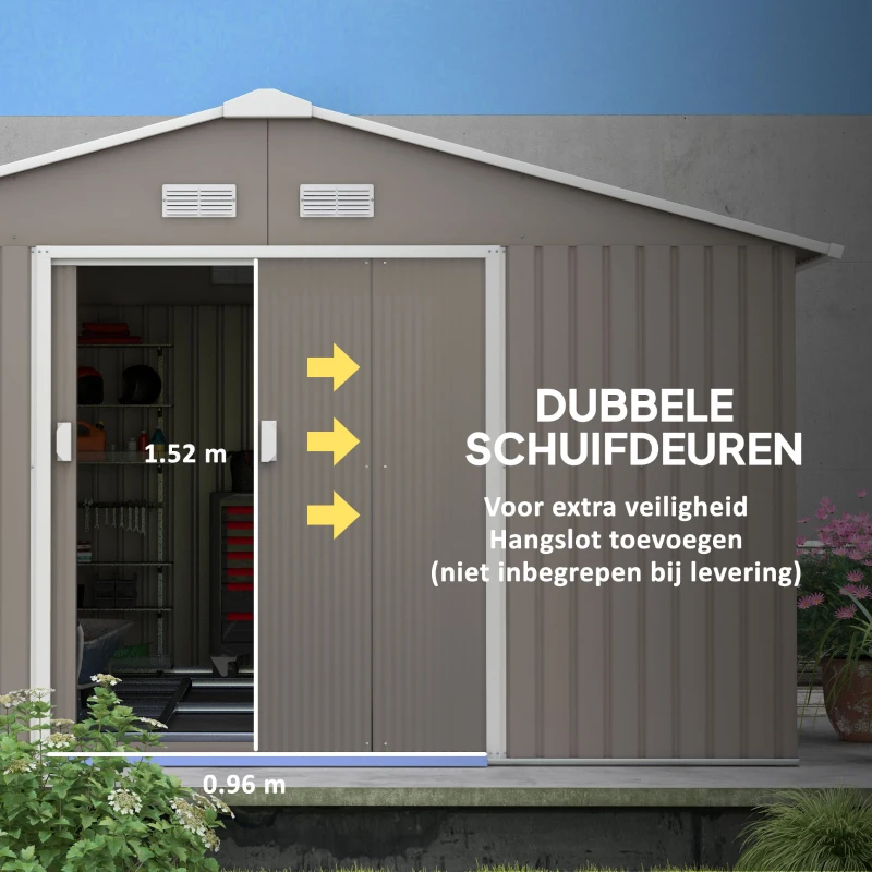 Outsunny Tuinschuur, Weerbestendig Tuinhuis voor Tuingereedschap, met Ventilatieramen, Schuifdeuren, Staal, Lichtgrijs(m-6)