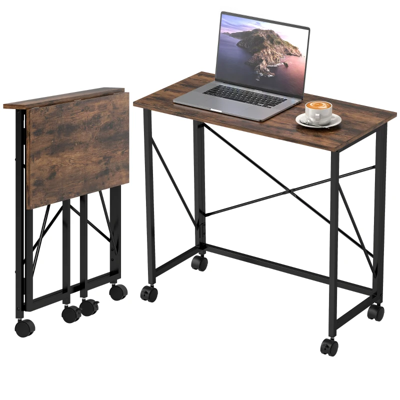 HOMCOM 80 cm Folding Desk on Wheels - Rustic Brown