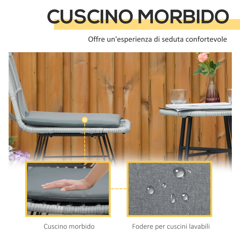 Outsunny Set Mobili da Giardino 3 Pezzi con Tavolino e Sedie in Rattan PE, Poilestere e Acciaio per Esterni, Grigio