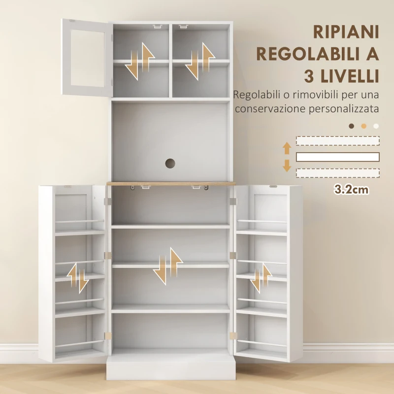HOMCOM Dispensa da Cucina Porta Microonde con Ripiani Aperti e Armadietto con Portaspezie, 60x35x169 cm, Bianco