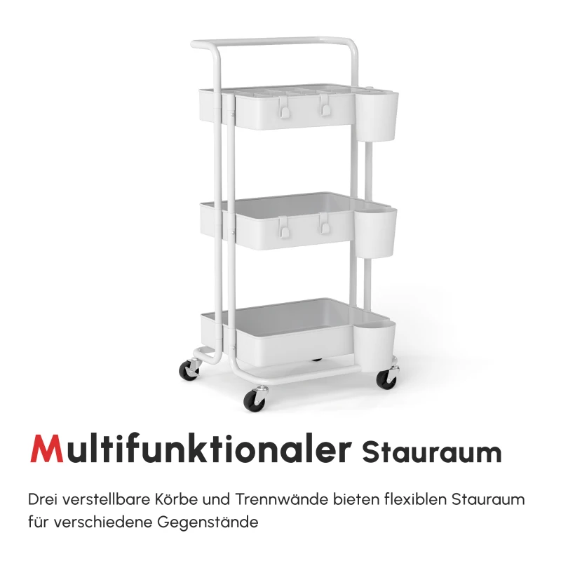 HOMCOM Rollwagen, Servierwagen, 3 Ablagekörbe, 3 Hängeboxen, 4 Haken, Metallrahmen, 42 x 38 x 86,5cm, Weiß