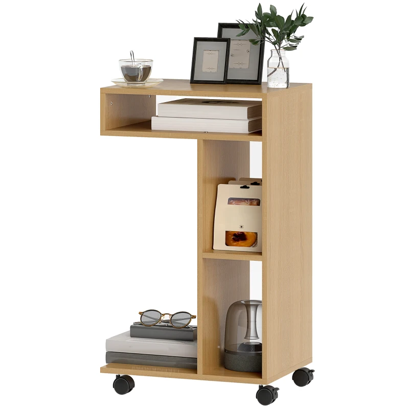 HOMCOM Mesa Auxiliar para Sofá Mesa Auxiliar en Forma de C con Ruedas Compartimentos Abiertos 40x30x69 cm Roble