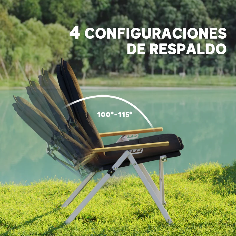 Outsunny Sillas de Camping Plegables de Aluminio con Respaldo Alto Ajustable Reposabrazos de Madera 59x67x96 cm Negro