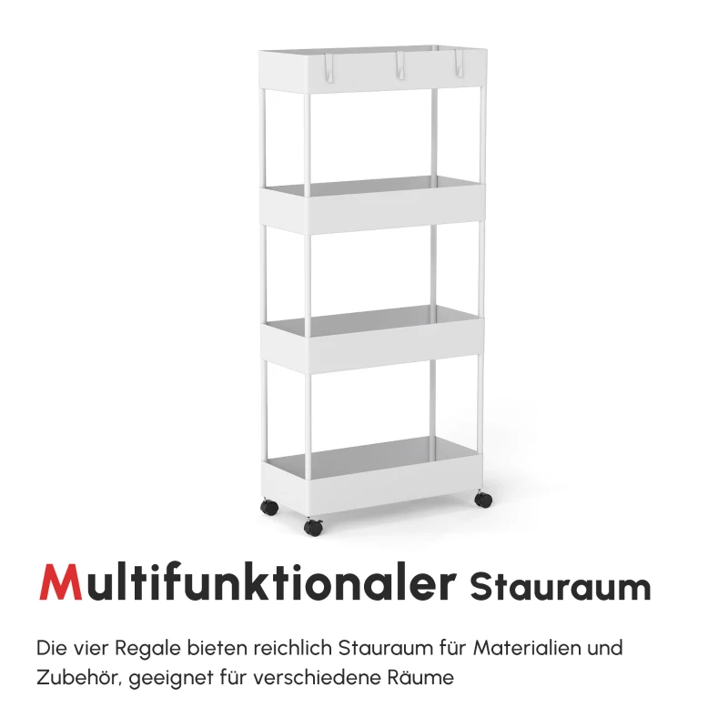 HOMCOM Küchenwagen mit 4 Regalen, 4 flexiblen Haken, 4 Rollen, 40 cm x 19 cm x 90 cm, Nischenwagen, Weiß