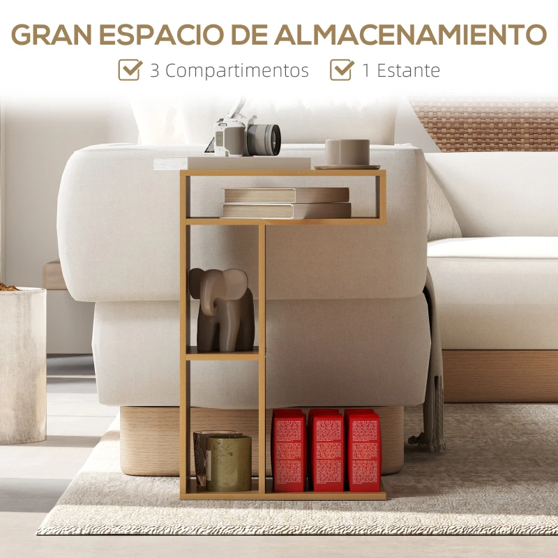 HOMCOM Mesa Auxiliar para Sofá Mesa Auxiliar en Forma de C con Ruedas Compartimentos Abiertos 40x30x69 cm Roble