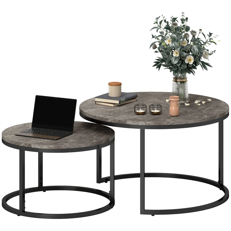 HOMCOM Industrial Nesting Coffee Table Set of 2, Round Coffee Tables, Living Room Table with Faux Marbled Top and Steel Frame