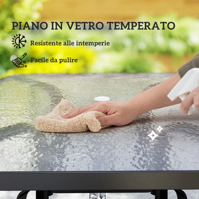 Outsunny Tavolo da Giardino Quadrato a 4 Posti con Piano in Vetro e Foro per Ombrellone Ø54 mm, Nero