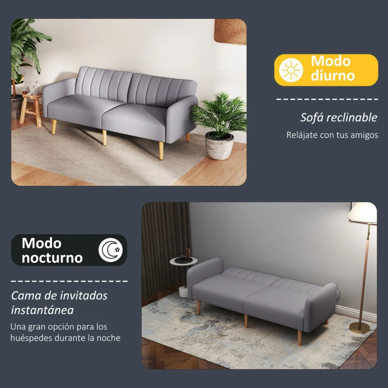 HOMCOM Sofá Cama de 3 Plazas Moderno 173x75x73 cm Sofá Cama Plegable Tapizado en Lino Sintético con Respaldo Ajustable en 3 Niveles y Reposabrazos Desmontables para Salón Oficina Gris