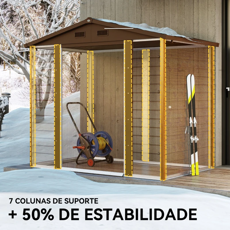 Outsunny Abrigo de Jardim 3m² 152x235,7x208,7 cm Abrigo de Jardim com 2 Portas de Correr e 4 Janelas de Ventilação Madeira e Marrom