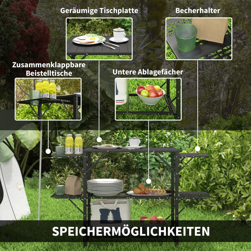 Outsunny Campingtisch Picknicktisch Outdoor-Küchenschrank, klappbar, wetterbeständig, 126 cm x 44 cm x 80 cm, Schwarz