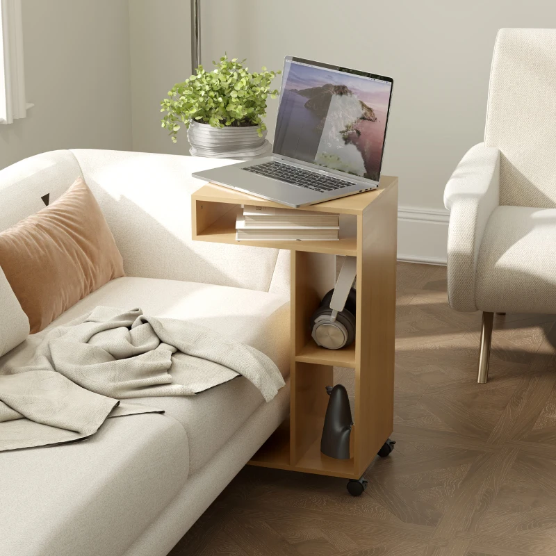 HOMCOM Mesa Auxiliar para Sofá Mesa Auxiliar en Forma de C con Ruedas Compartimentos Abiertos 40x30x69 cm Roble