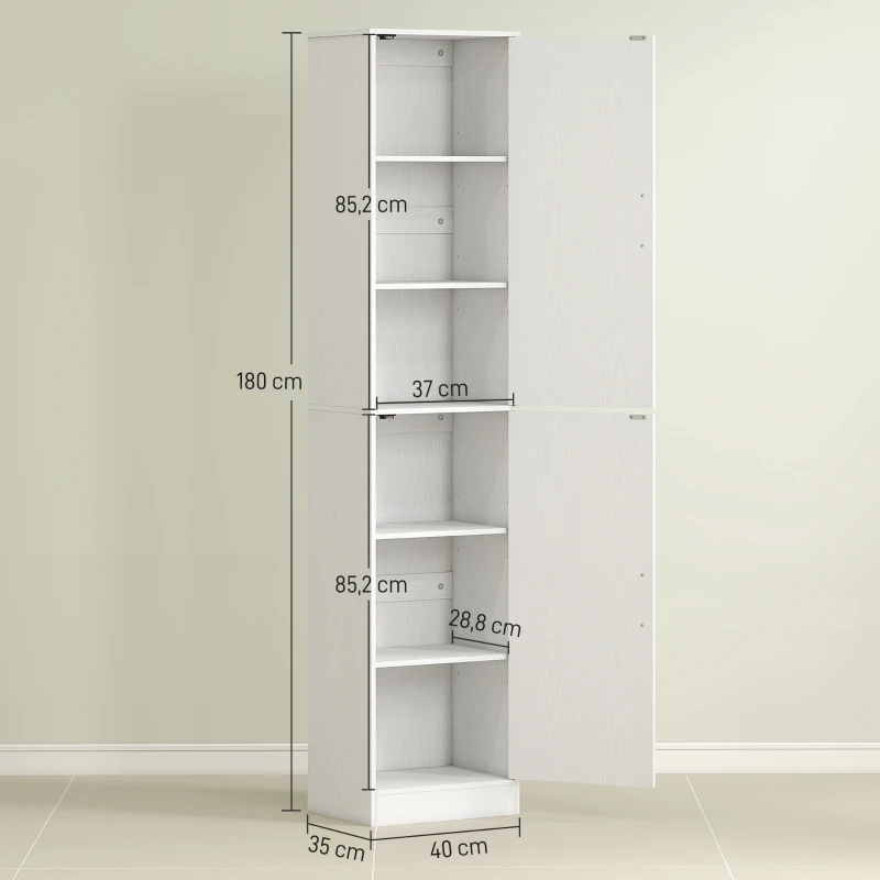 HOMCOM 180 cm Hoge Badkamerkast, Smalle Opbergkast met 2 Deuren, 4 Verstelbare Planken, Spaanplaat, MDF, Wit