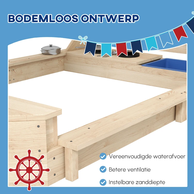 Outsunny Zandbak, piratenschip ontwerp, met speelkeukenset, zonnescherm, natuurlijk hout, 180 x 103 x 144,5 cm