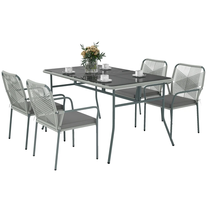 Outsunny Five-Piece PE Rattan Garden Dining Set with Cushions & Stackable Chairs - Light Grey