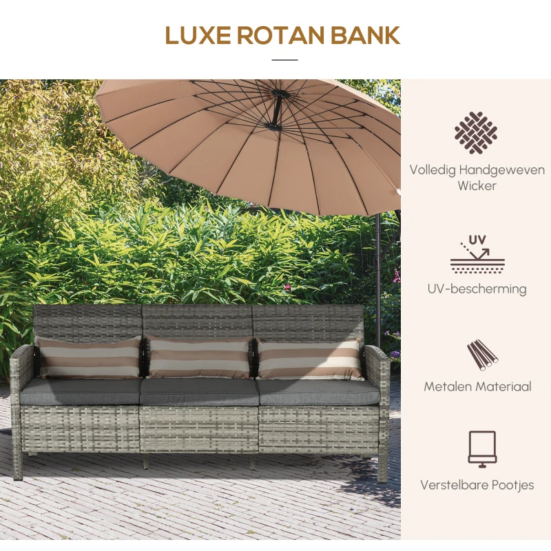 Outsunny rotan bank met kussens, driezits loungebank, staal, grijs, 173 x 68 x 78 cm Outdoor loungebank kussen driezits staalgrijs