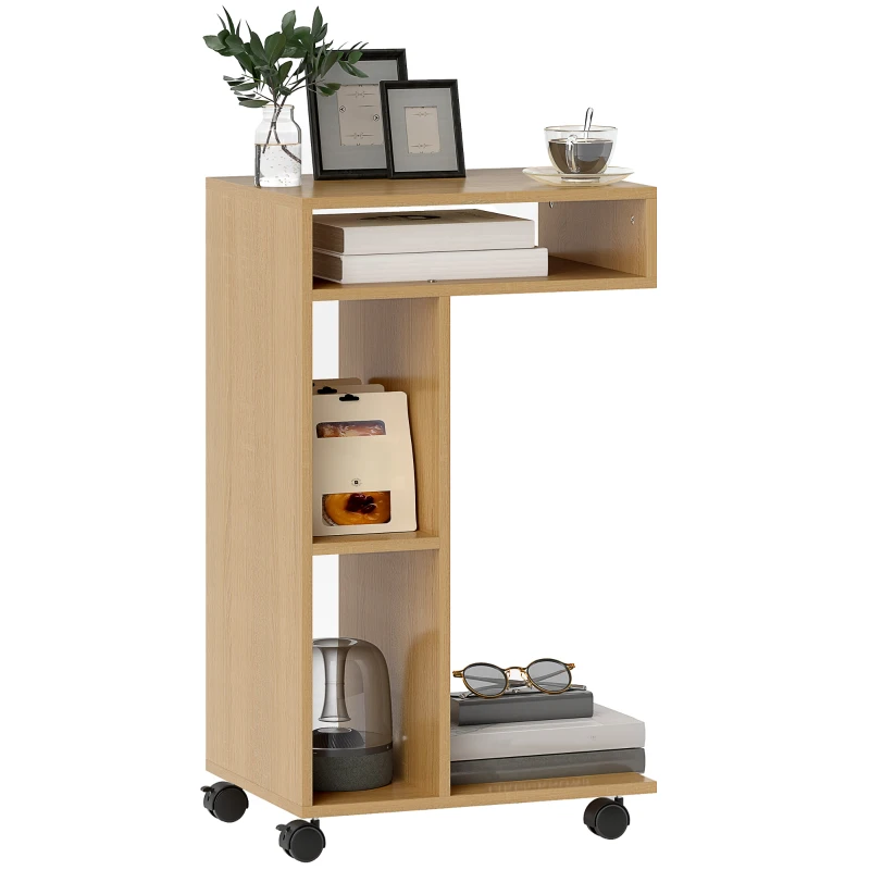HOMCOM Mesa Auxiliar para Sofá Mesa Auxiliar en Forma de C con Ruedas Compartimentos Abiertos 40x30x69 cm Roble