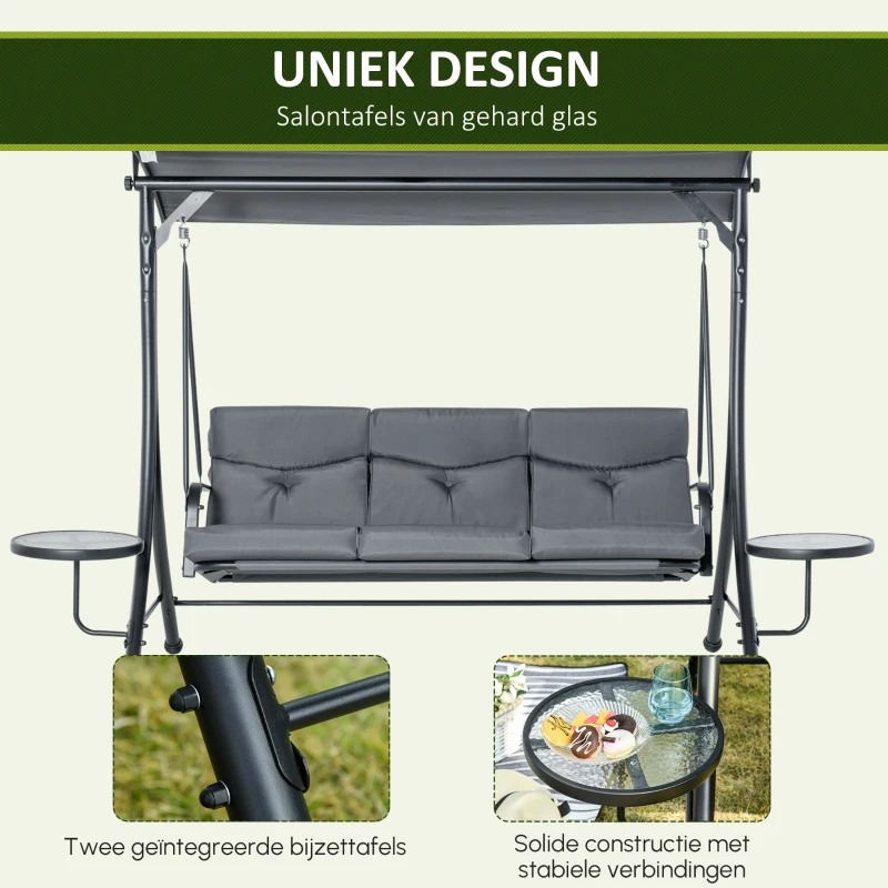 Outsunny Hollywoodschommel 3-zitter tuinschommel met verstelbaar zonnedak theetafel