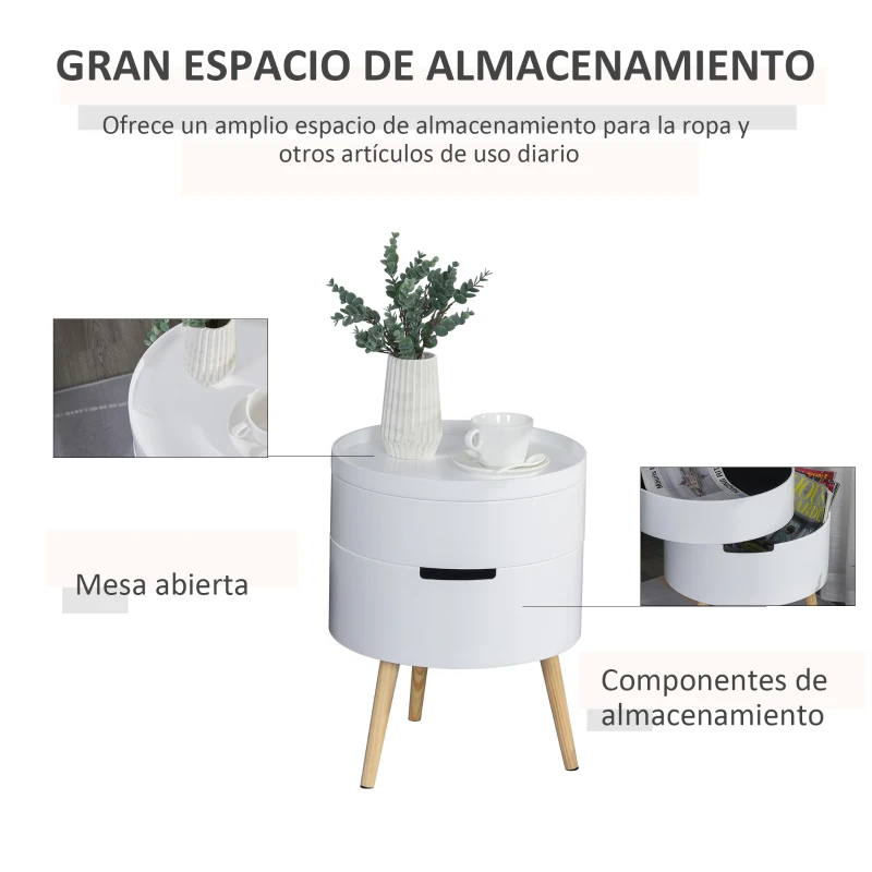 HOMCOM Mesita de noche - mesa de centro con 2 compartimentos de almacenamiento - tapa de MDF - dim. Ø 38 x 48 cm - blanco