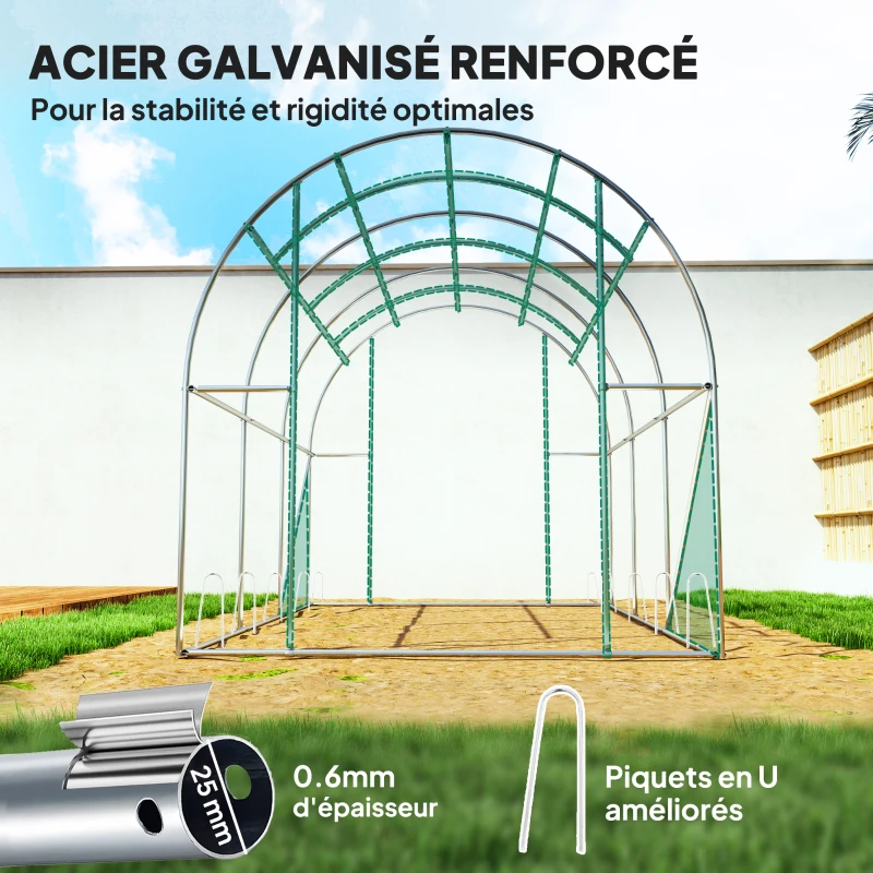 Outsunny Serre tunnel de jardin 3 x 2 x 2 m avec porte enroulable et grandes fenêtres, en acier galvanisé et PE, vert
