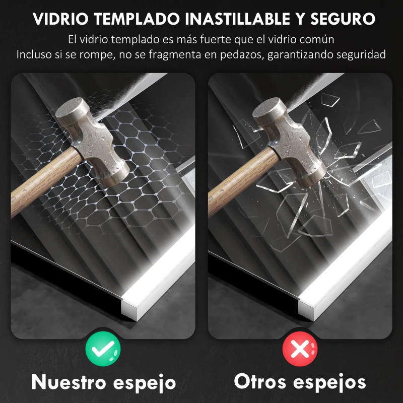 HOMCOM Espejo de Baño con Luz LED 70x50 cm con 3 Colores de Luz Función Antivaho Función de Memoria IP44 Horizontal/Vertical