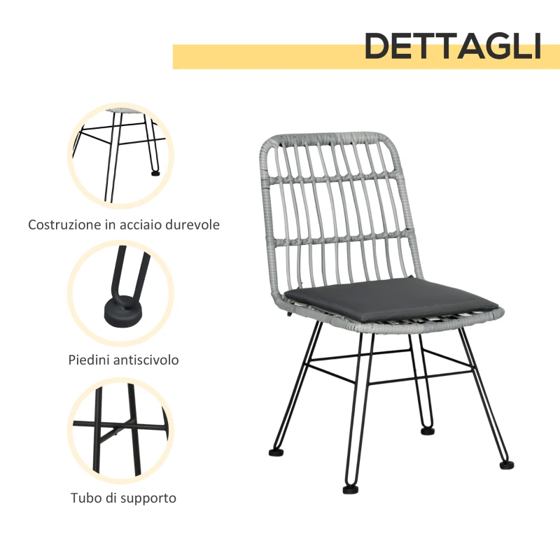 Outsunny Set Mobili da Giardino 3 Pezzi con Tavolino e Sedie in Rattan PE, Poilestere e Acciaio per Esterni, Grigio