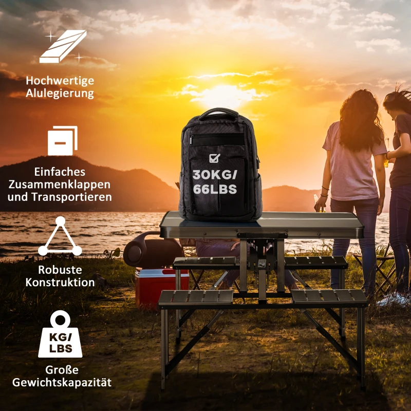 Outsunny Alu Campingtisch Klapptisch Picknicktisch Picknick-Koffer-Sitzgruppe Klapptisch-Gruppe mit 4 Sitzen Silber Alu + MDF 136 x 85,5 x 66 cm