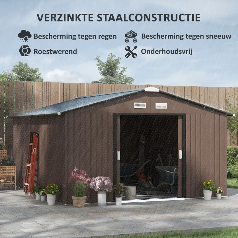 Outsunny Tuinschuur, Weerbestendig Tuinhuis voor Tuingereedschap, met Ventilatieramen, Schuifdeuren, Staal, Bruin