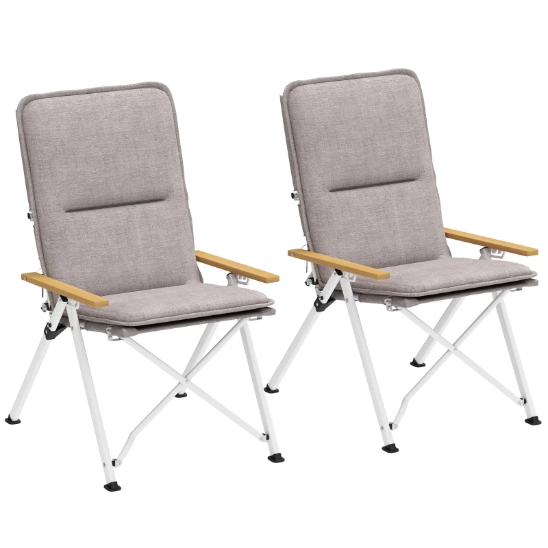 Outsunny Sillas de Camping Plegables de Aluminio con Respaldo Alto Ajustable Reposabrazos de Madera 59x67x96 cm Gris Claro