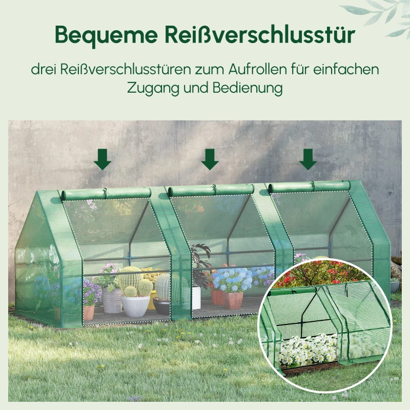 Outsunny Gewächshaus mit 3 Rollfenster, PE-Gitterfolie, Foliengewächshaus aus Stahl, Treibhaus für Balkon, Garten, Tomatenhaus 270x90x90cm, Tomatengewächshaus für Gemüse, Blumen, Pflanzen, Grün