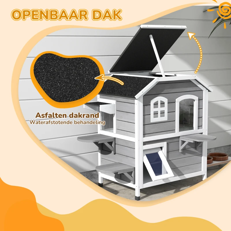 PawHut kattenhuis voor buiten kattenhut met 2 verdiepingen kattenvilla, asfaltdak, massief hout grijs(m-4)