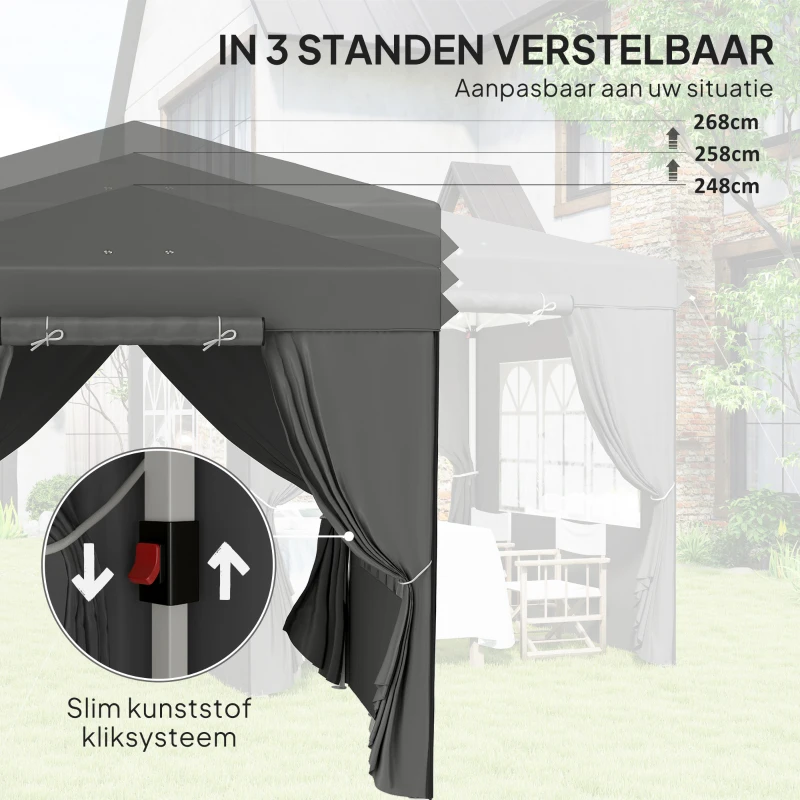 Outsunny 2,5 x 2,5 m Pop-up Paviljoen met Zijwanden en Transporttas, UPF50+ Hoogte Verstelbaar Tuinpaviljoen, Donkergrijs