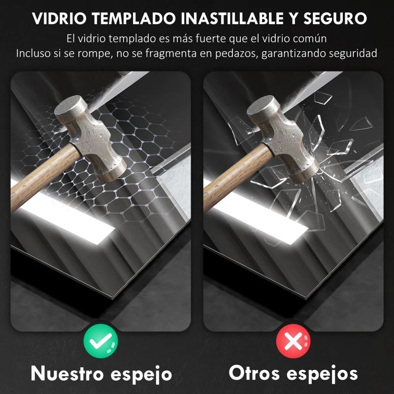 HOMCOM Espejo de Baño con Luz LED 70x50 cm con 3 Colores de Luz Función Antivaho Función de Memoria IP44