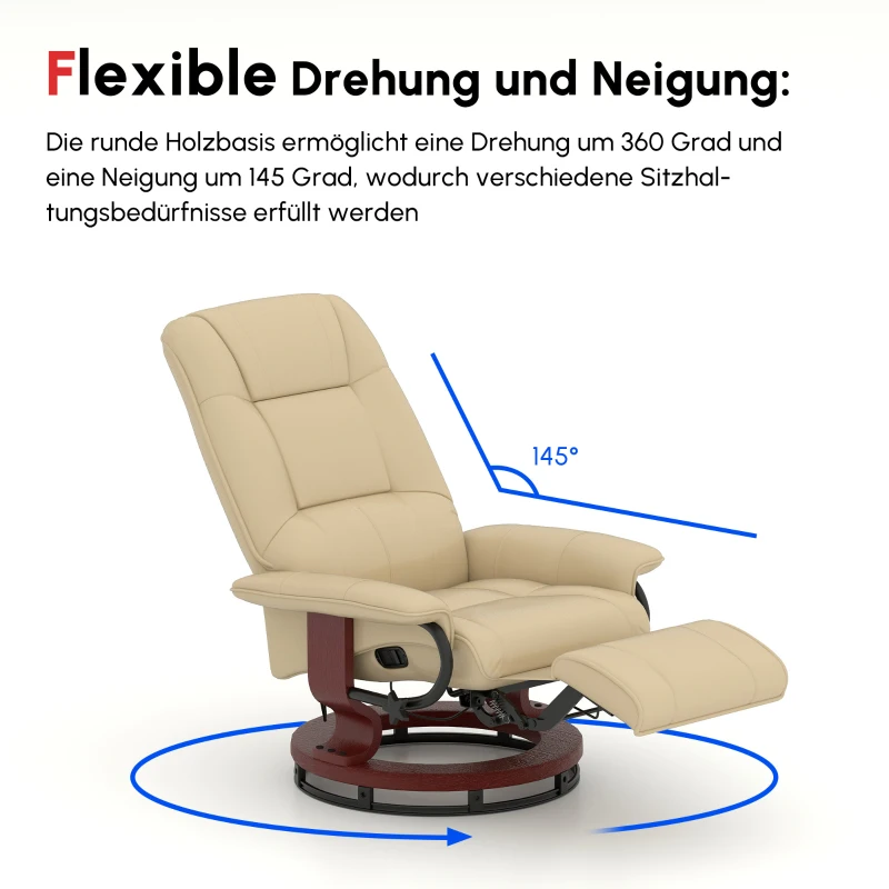 HOMCOM Relaxsessel, verstellbar, Liegefunktion, bis 120 kg, Kunstleder, 78 x 87 x 100 cm, Creme(m-7)