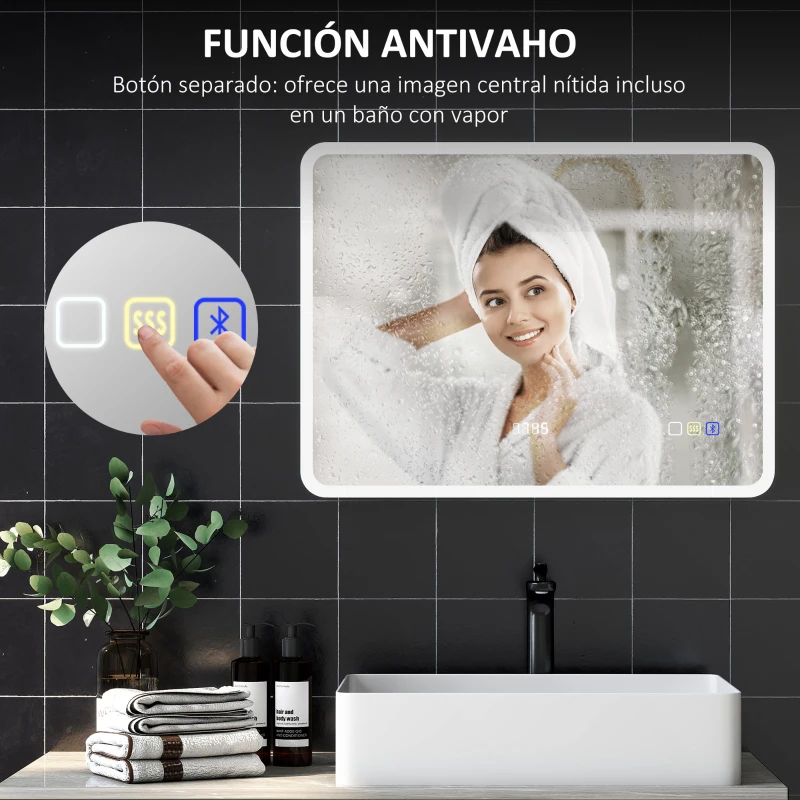 HOMCOM Espejo de Baño con Luz LED 80x60 cm con Bluetooth 3 Colores de Luz Función Antivaho Función de Memoria IP44