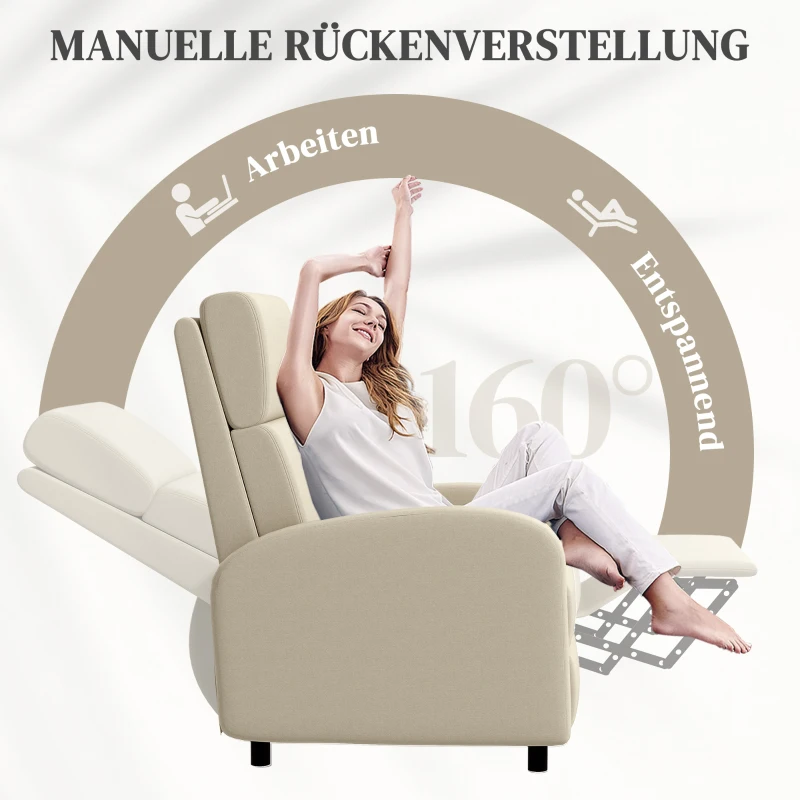 HOMCOM Relaxfauteuil Televisiestoel, Uitklapbare Voetensteun, Kantelbaar tot 160°, 64 x 86 x 102 cm, Crème(m-4)
