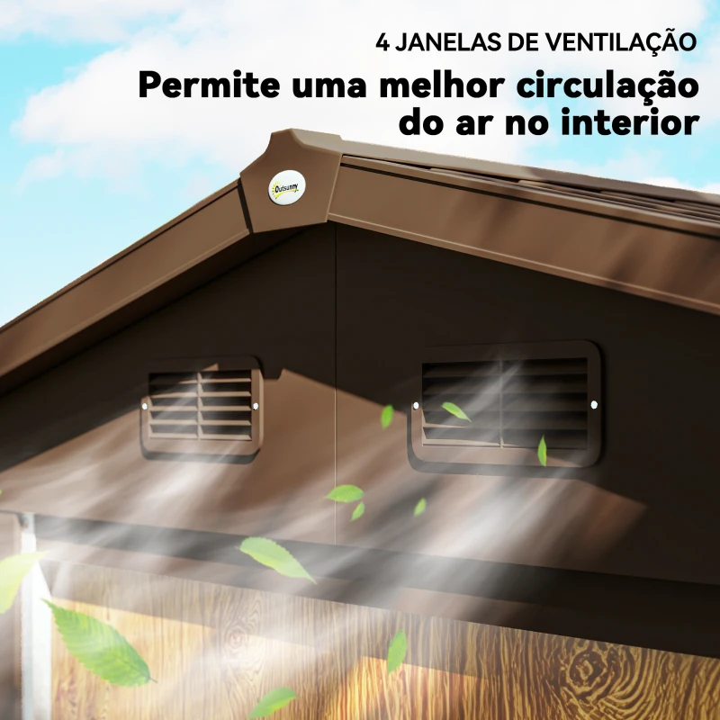 Outsunny Abrigo de Jardim 3m² 152x235,7x208,7 cm Abrigo de Jardim com 2 Portas de Correr e 4 Janelas de Ventilação Madeira e Marrom