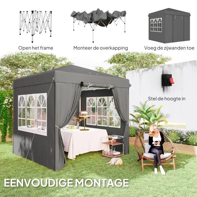 Outsunny 2,5 x 2,5 m Pop-up Paviljoen met Zijwanden en Transporttas, UPF50+ Hoogte Verstelbaar Tuinpaviljoen, Donkergrijs