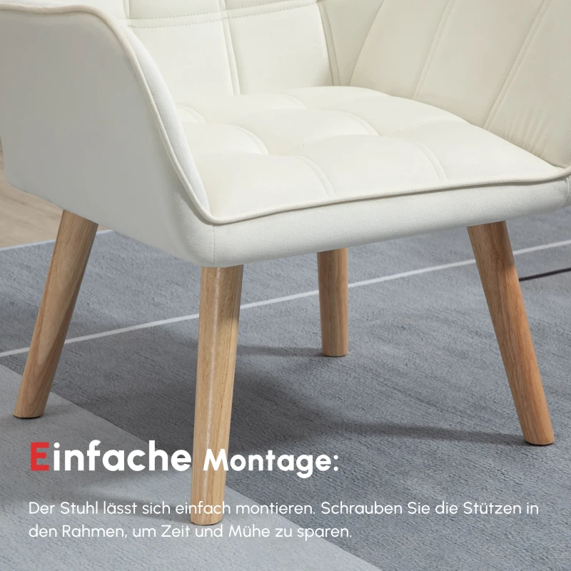 HOMCOM Polstersessel, Akzentsessel, Skandi Design, Samtoptik, bis 120 kg, Kautschukholzbeine, Creme