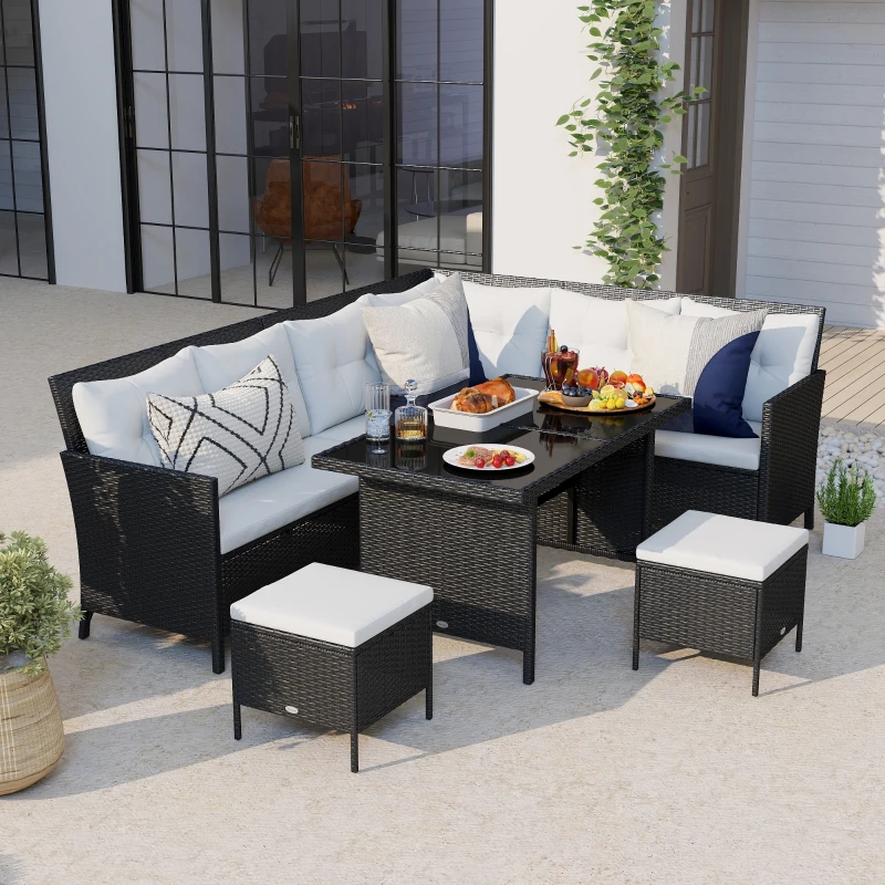 Outsunny Gartenmöbel-Set aus PE-Rattan für 7 Personen, abnehmbare Polster, Cremeweiß + Schwarz