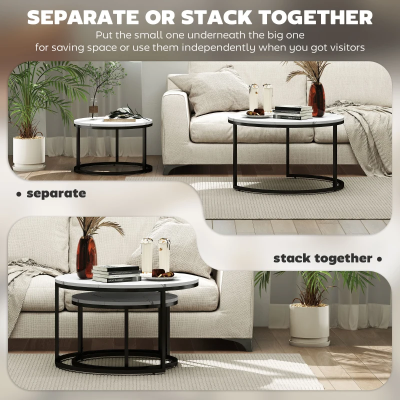 HOMCOM Set of Two Marble-Effect Stacking Tables - Black/White