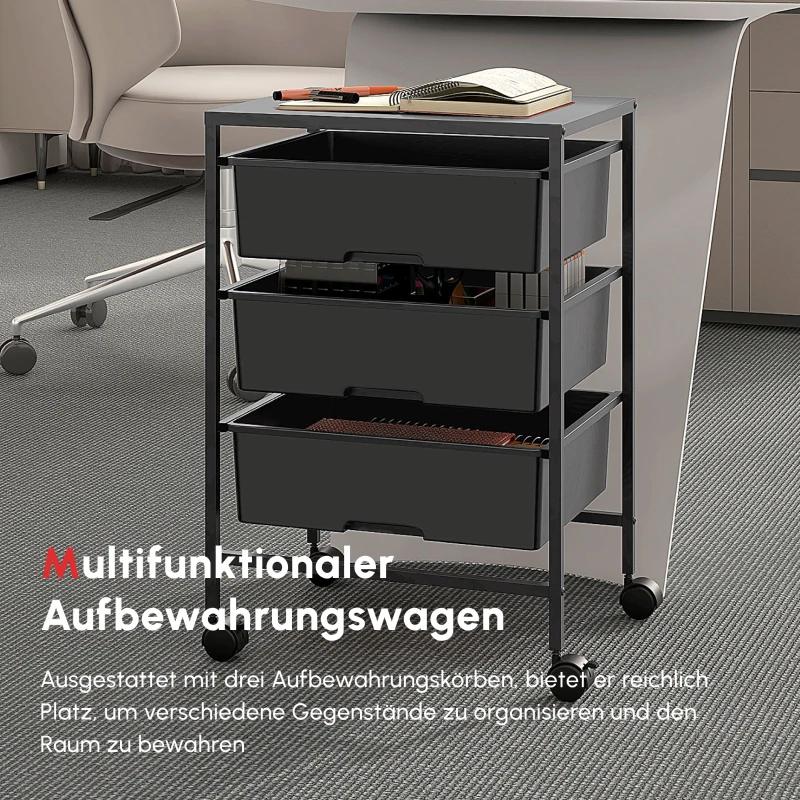 HOMCOM Beistellwagen mit Rädern, 3 Körbe für Transport und Aufbewahrung, Küchenwagen, 40,8L x 33,5B x 60,5H cm, Schwarz