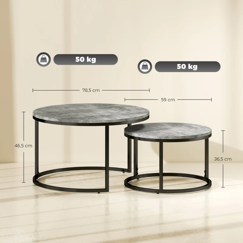 HOMCOM Couchtisch-Set, 2 runde Satztische, Industriedesign, Metallgestell, Marmoroptik/Grau(m-3)