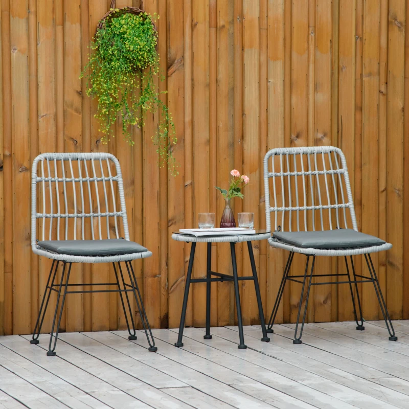 Outsunny Set Mobili da Giardino 3 Pezzi con Tavolino e Sedie in Rattan PE, Poilestere e Acciaio per Esterni, Grigio