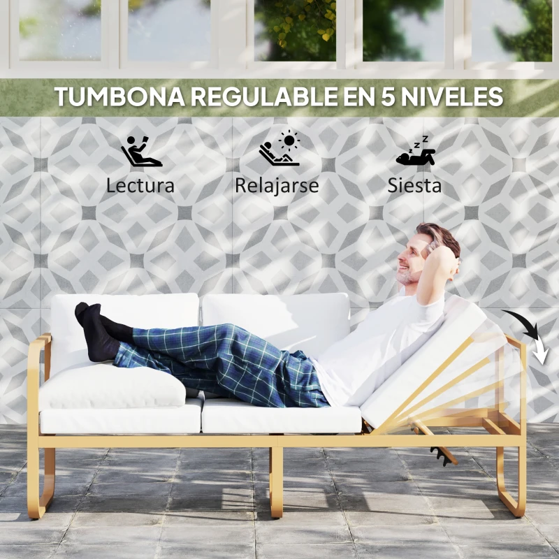 Outsunny Conjunto de Jardín de 3 Piezas con Sofá Convertible en Tumbona Cojines Cómodos y Mesa de Vidrio Templado para Exterior