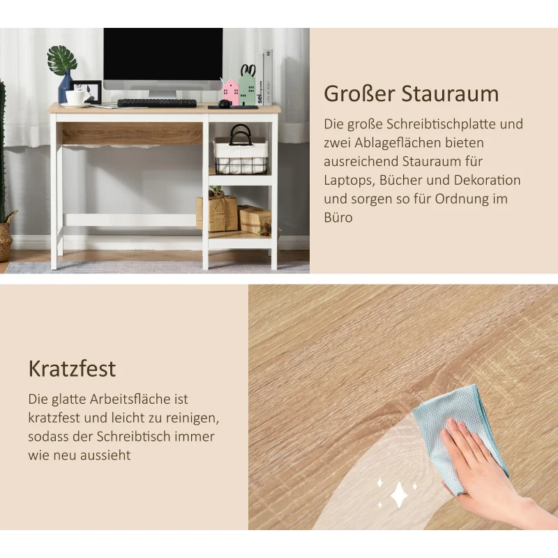 HOMCOM Schreibtisch mit 2 Ebenen Regal, Computertisch, Bürotisch, MDF, Natur+Weiß, 110 x 48 x 76,2 cm