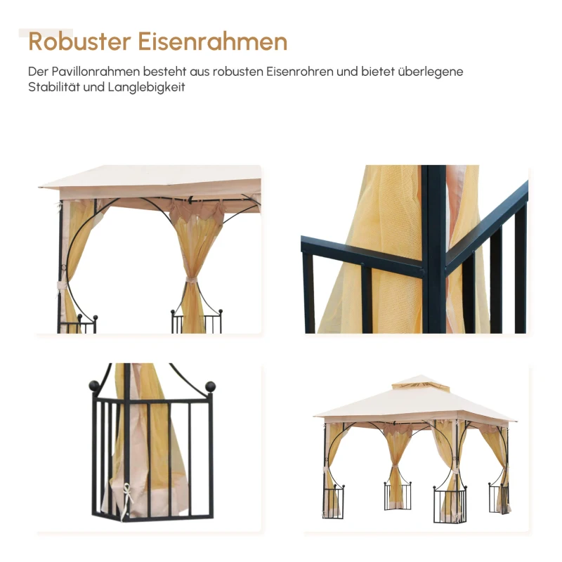Outsunny Gartenpavillon Gartenzelt,  inkl. Befestigungsmaterial, wetterbeständig, 295 cm x 295 cm x 275 cm. Beige + Schwarz